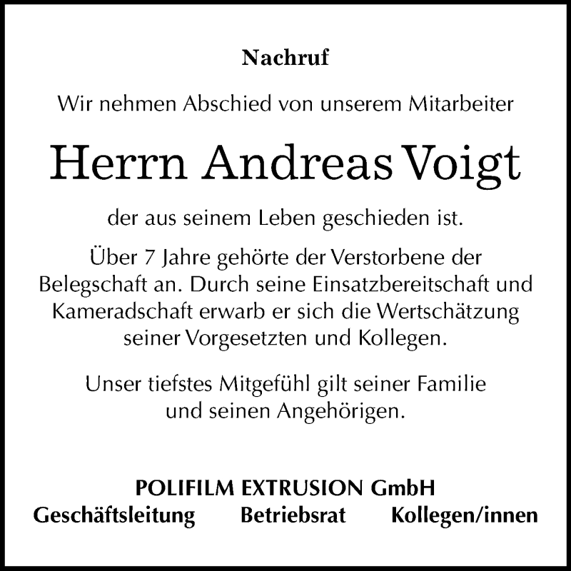  Traueranzeige für Andreas Voigt vom 23.11.2019 aus Mitteldeutsche Zeitung 