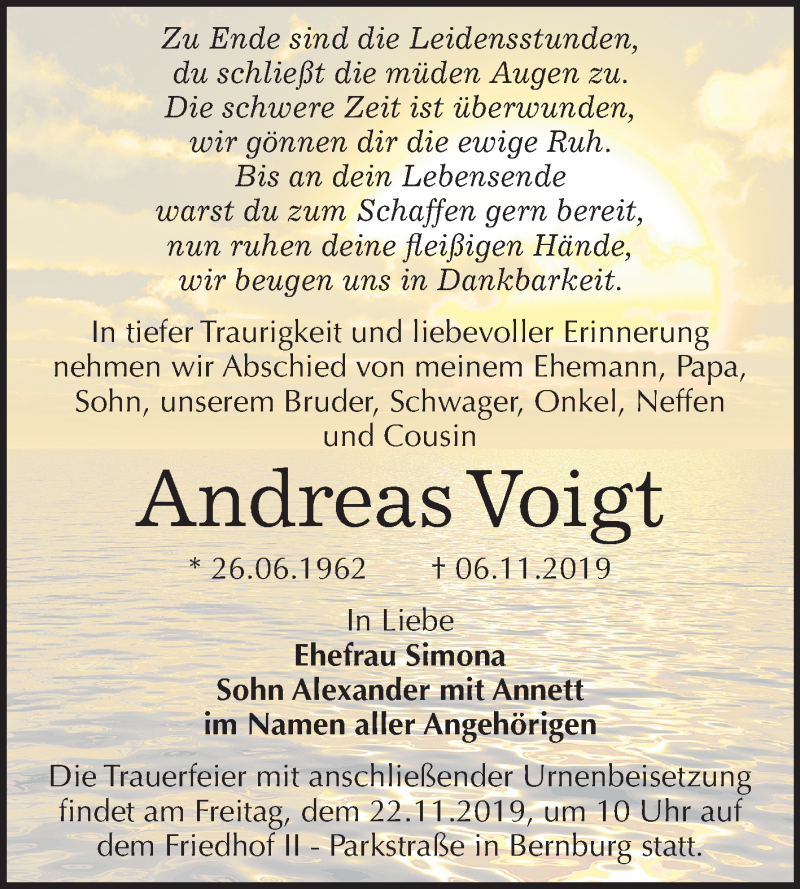  Traueranzeige für Andreas Voigt vom 16.11.2019 aus Mitteldeutsche Zeitung Bernburg