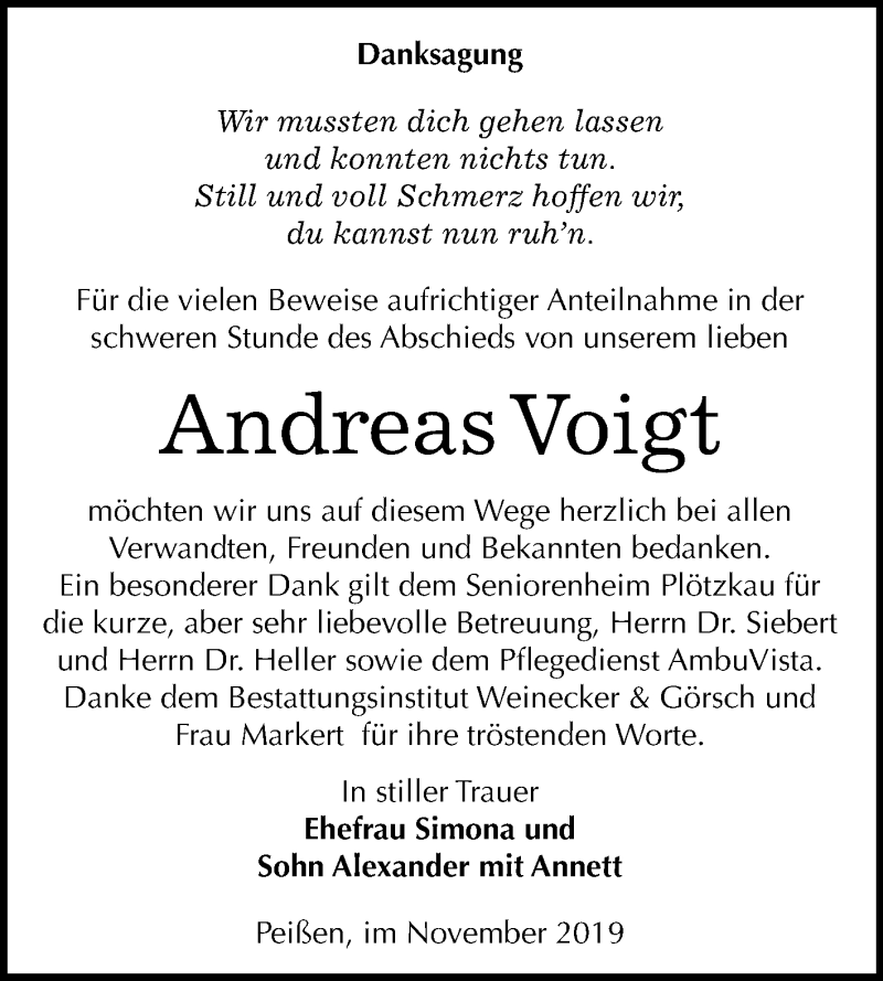  Traueranzeige für Andreas Voigt vom 23.11.2019 aus Mitteldeutsche Zeitung Bernburg