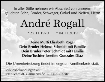 Traueranzeige von André Rogall von Super Sonntag Zeitz