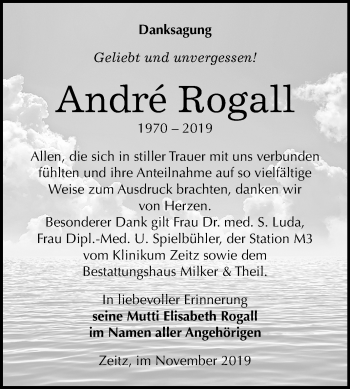 Traueranzeige von André Rogall von Mitteldeutsche Zeitung Zeitz