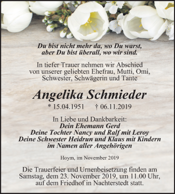 Traueranzeige von Angelika Schmieder von Mitteldeutsche Zeitung Aschersleben