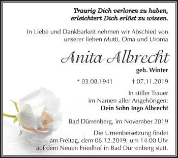 Traueranzeige von Anita Albrecht von Mitteldeutsche Zeitung Merseburg/Querfurt