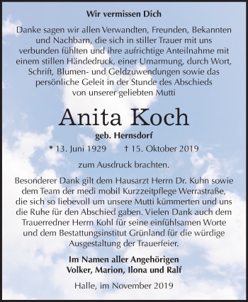 Traueranzeige von Anita Koch von Mitteldeutsche Zeitung Halle/Saalkreis