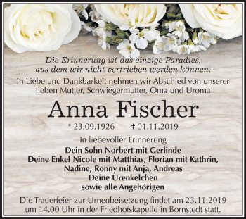 Traueranzeige von Anna Fischer von Wochenspiegel Mansfelder Land
