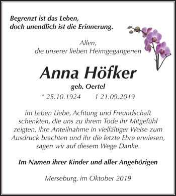 Traueranzeige von Anna Höfker von Super Sonntag Merseburg/Querfurt