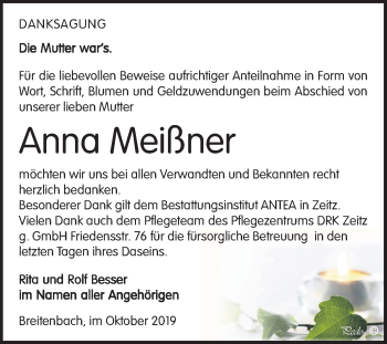 Traueranzeige von Anna Meißner von Mitteldeutsche Zeitung Zeitz