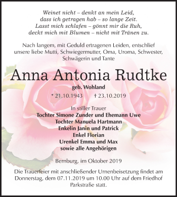 Traueranzeige von Anna Antonia Rudtke von Super Sonntag Bernburg