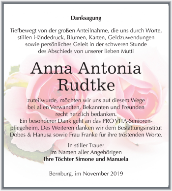 Traueranzeige von Anna Antonia Rudtke von Mitteldeutsche Zeitung Bernburg