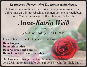 Traueranzeige von Anne-Katrin Weiß von Mitteldeutsche Zeitung Quedlinburg