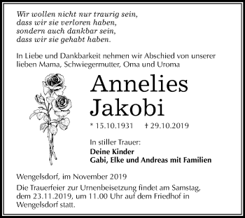 Traueranzeige von Annelies Jakobi von Mitteldeutsche Zeitung Weißenfels