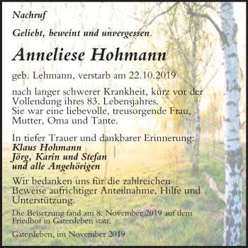 Traueranzeige von Anneliese Hohmann von Super Sonntag Aschersleben