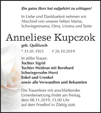 Traueranzeige von Anneliese Kupczok von Wochenspiegel Bitterfeld