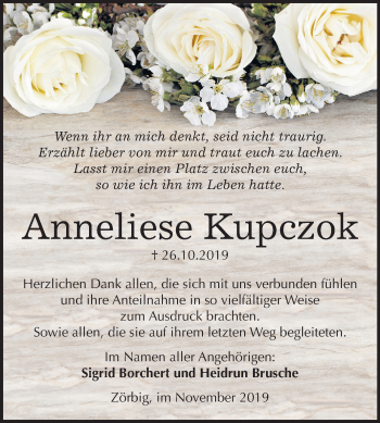 Traueranzeige von Anneliese Kupczok von Mitteldeutsche Zeitung Bitterfeld