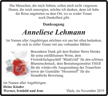 Traueranzeige von Anneliese Lehmann von Super Sonntag Quedlinburg