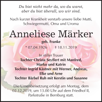 Traueranzeige von Anneliese Märker von Mitteldeutsche Zeitung Bernburg