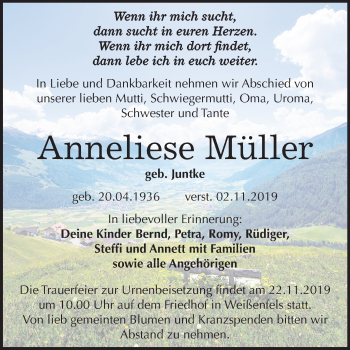 Traueranzeige von Anneliese Müller von Wochenspiegel Weißenfels