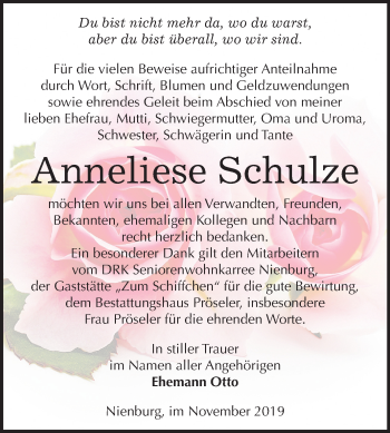 Traueranzeige von Anneliese Schulze von Mitteldeutsche Zeitung Bernburg