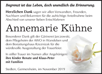Traueranzeige von Annemarie Kühne von Mitteldeutsche Zeitung Mansfelder Land