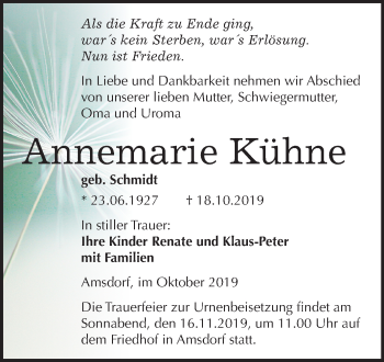 Traueranzeige von Annemarie Kühne von Mitteldeutsche Zeitung Mansfelder Land