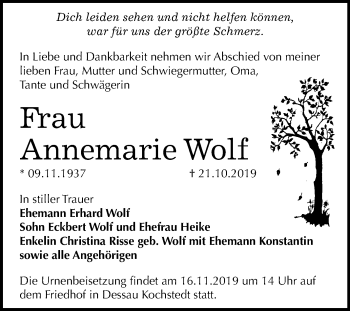 Traueranzeige von Annemarie Wolf von Mitteldeutsche Zeitung Dessau-Roßlau