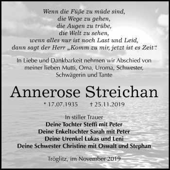 Traueranzeige von Annerose Streichan von Mitteldeutsche Zeitung Zeitz