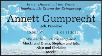 Traueranzeige von Annett Gumprecht von Super Sonntag Dessau-Roßlau