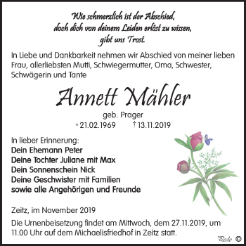 Traueranzeige von Annett Mähler von Super Sonntag Zeitz