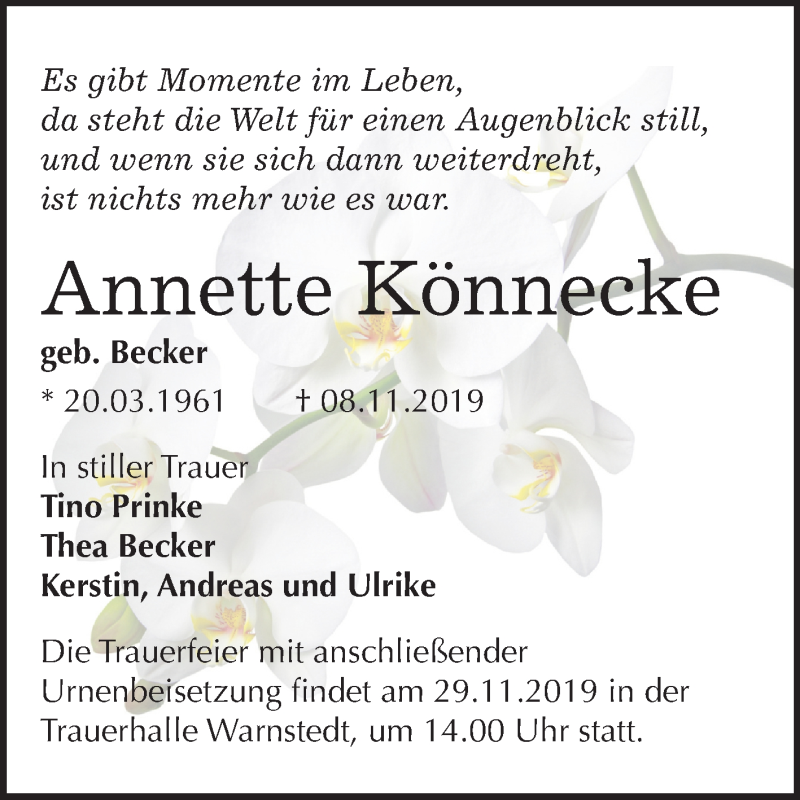  Traueranzeige für Annette Könnecke vom 16.11.2019 aus Super Sonntag Quedlinburg