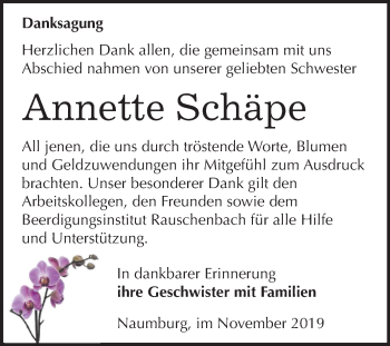 Traueranzeige von Annette Schäpe von Wochenspiegel Naumburg/Nebra