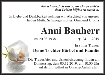 Traueranzeige von Anni Bauherr von Mitteldeutsche Zeitung Wittenberg