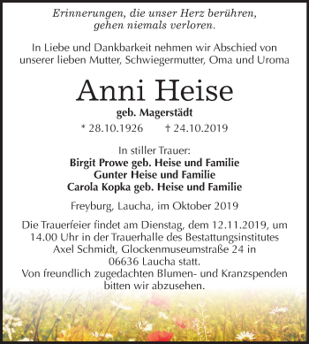 Traueranzeige von Anni Heise von Mitteldeutsche Zeitung Naumburg/Nebra