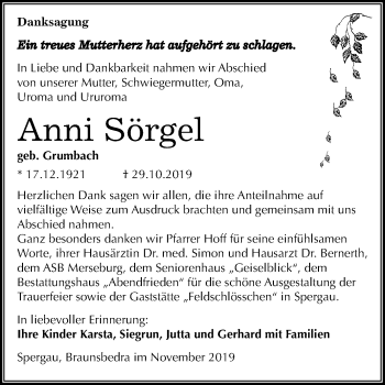 Traueranzeige von Anni Sörgel von Mitteldeutsche Zeitung Merseburg/Querfurt