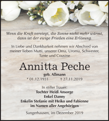 Traueranzeige von Annitta Peche von Super Sonntag Sangerhausen