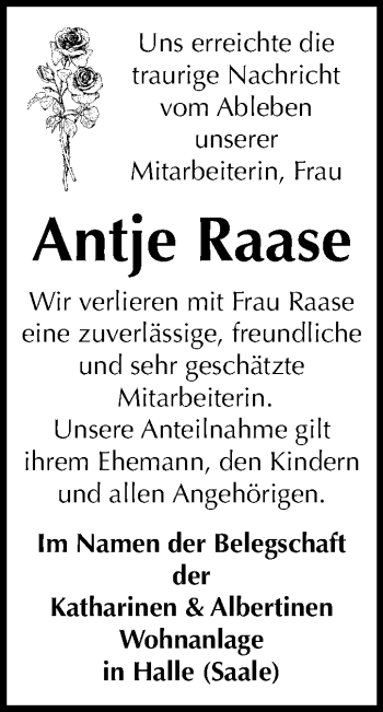 Traueranzeige von Antje Raase von Mitteldeutsche Zeitung Halle/Saalkreis