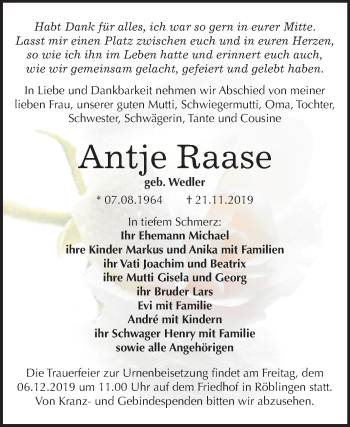 Traueranzeige von Antje Raase von Mitteldeutsche Zeitung Mansfelder Land