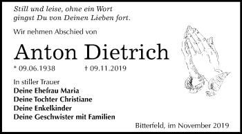 Traueranzeige von Anton Dietrich von Mitteldeutsche Zeitung Bitterfeld