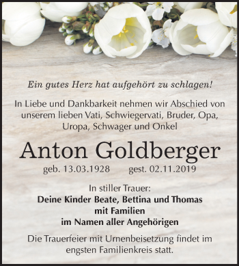 Traueranzeige von Anton Goldberger von Wochenspiegel Bitterfeld