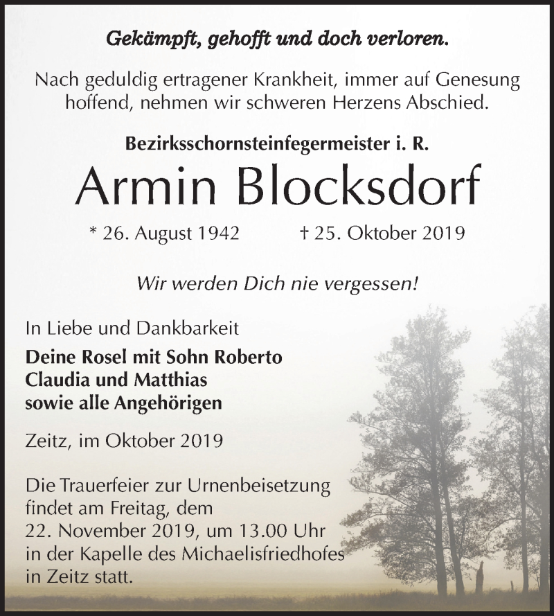  Traueranzeige für Armin Blocksdorf vom 09.11.2019 aus Mitteldeutsche Zeitung Zeitz