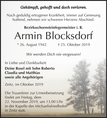 Traueranzeige von Armin Blocksdorf von Mitteldeutsche Zeitung Zeitz