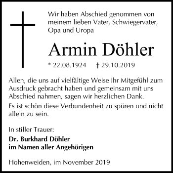 Traueranzeige von Armin Döhler von Mitteldeutsche Zeitung Halle/Saalkreis / Merseburg/Querfurt
