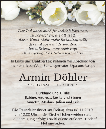 Traueranzeige von Armin Döhler von Mitteldeutsche Zeitung Halle/Saalkreis / Merseburg/Querfurt