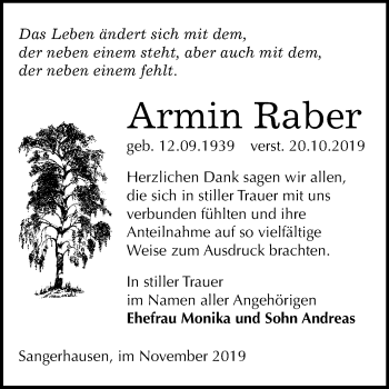 Traueranzeige von Armin Raber von Mitteldeutsche Zeitung Sangerhausen