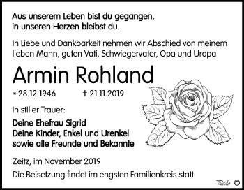 Traueranzeige von Armin Rohland von Mitteldeutsche Zeitung Zeitz
