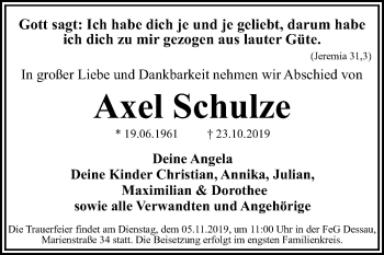 Traueranzeige von Axel Schulze von Super Sonntag Dessau-Roßlau