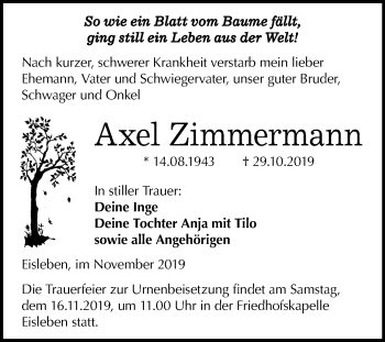 Traueranzeige von Axel Zimmermann von Mitteldeutsche Zeitung Mansfelder Land