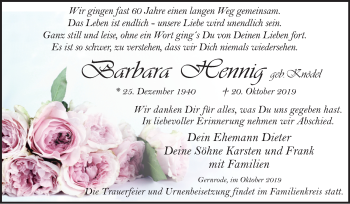 Traueranzeige von Barbara Hennig von Super Sonntag Quedlinburg