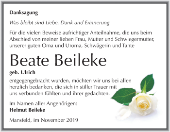 Traueranzeige von Beate Beileke von Super Sonntag Mansfelder Land