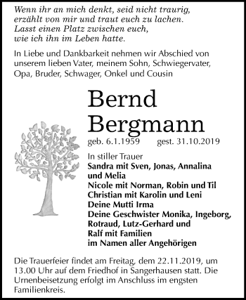 Traueranzeige von Bernd Bergmann von Mitteldeutsche Zeitung Sangerhausen