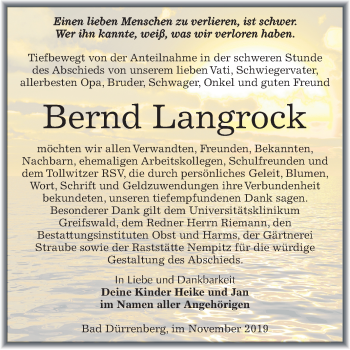 Traueranzeige von Bernd Langrock von Mitteldeutsche Zeitung Merseburg/Querfurt
